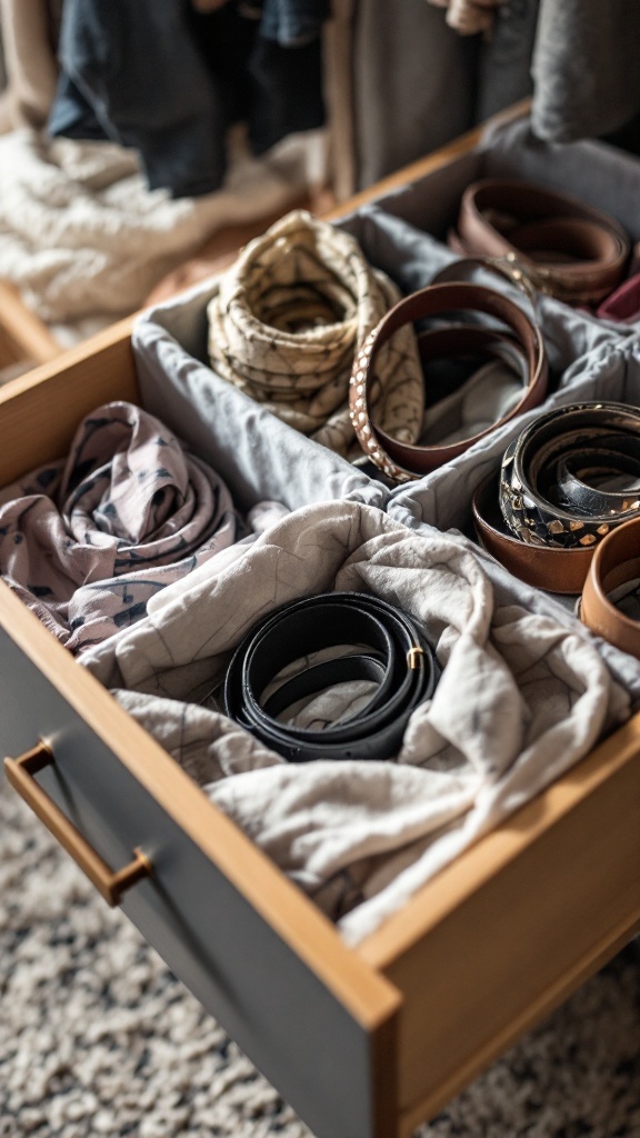 A wooden drawer with neatly organized accessories using fabric dividers.