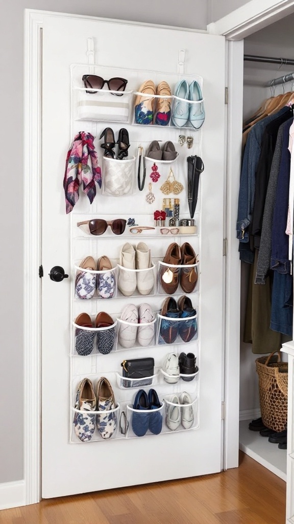 Over-the-door organizer displaying shoes, accessories, and sunglasses