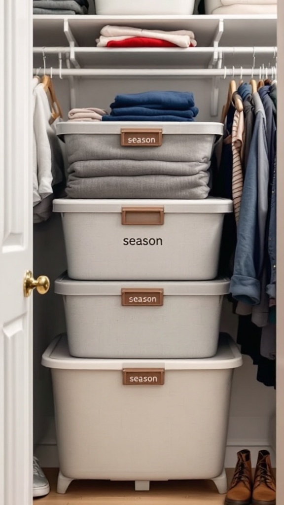 A neatly organized closet with labeled storage bins for seasonal clothing.